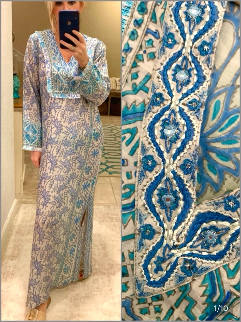 Bella Tu Moroccan Blue White Embroidered Long Sleeve Maxi Dress Cover Up